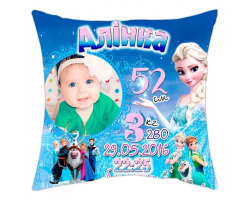 Холодне серце Ельза - подушка метрика з фото на день народження для дівчинки купити в інтернет магазині