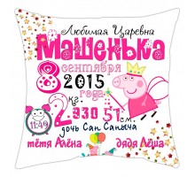 Свинка Пеппа - подушка декоративная с метрикой на день рождения для девочки