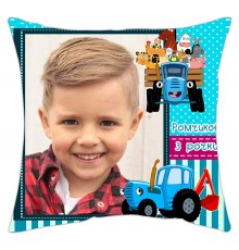 Синій трактор - подушка з фото з метриками на день народження для хлопчика