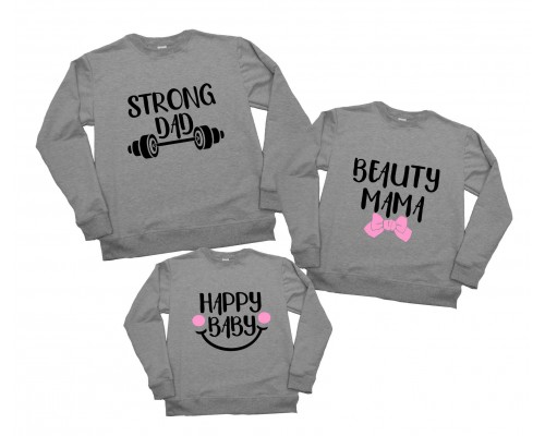 Комплект свитшотов для всей семьи Strong Dad, Beauty Mama, Happy Baby купить в интернет магазине