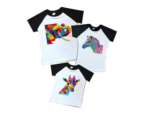 Комплект 2-х цветных футболок с животными слон, зебра, жираф купить в интернет магазине