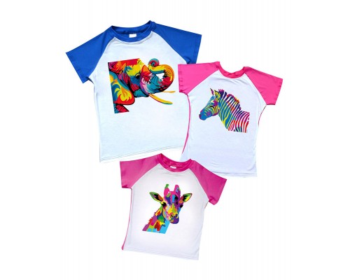 Комплект 2-х цветных футболок с животными слон, зебра, жираф купить в интернет магазине