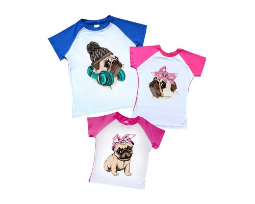 Комплект 2-х кольорових футболок з мопсами купити в інтернет магазині