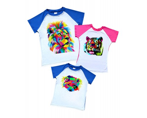 Комплект 2-х цветных футболок с животными лев, тигр, енот купить в интернет магазине