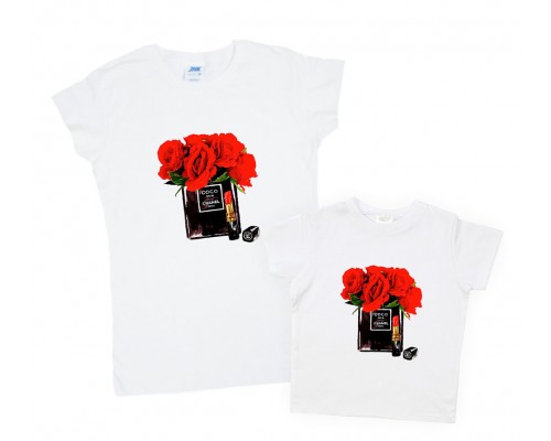 Комплект футболок для мамы и дочки Coco Chanel №5 красный букет купить в интернет магазине