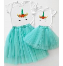 Комплект Family Look для мамы и дочки с фатиновой юбкой "Единороги"