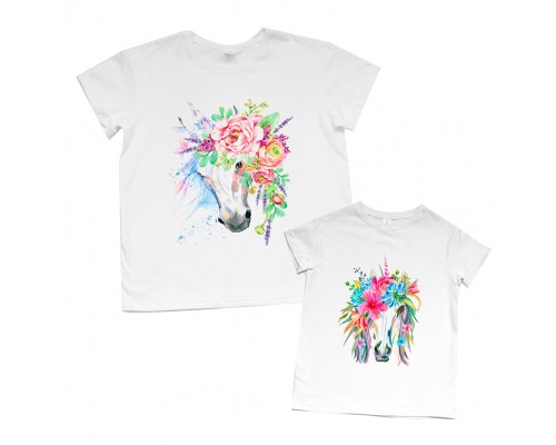 Футболки для мамы и дочки Лошадки в цветах купить в интернет магазине
