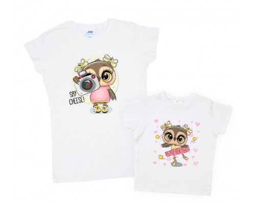 Комплект футболок для мамы и дочки Совы с сердечками купить в интернет магазине