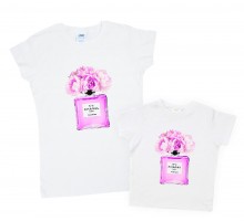 Одинаковые футболки для мамы и дочки "Chanel №5 розовый букет"
