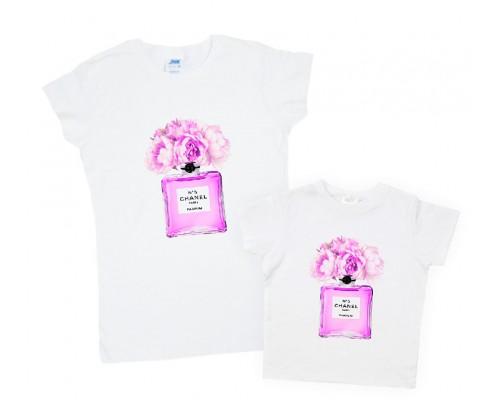Однакові футболки для мами та доньки Chanel №5 рожевий букет купити в інтернет магазині