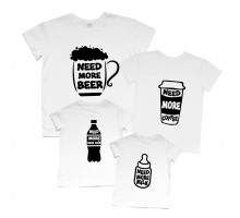 Семейные футболки для четверых "Need more Beer, Coffee, Coca Cola, Milk"