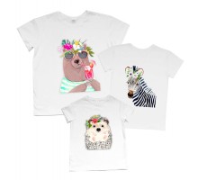 Комплект сімейних футболок з тваринами ведмідь, зебра, їжачок
