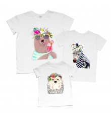 Комплект семейных футболок с животными медведь, зебра, ёжик