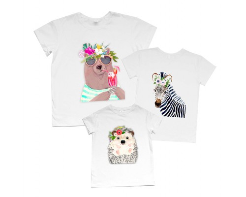 Комплект семейных футболок с животными медведь, зебра, ёжик купить в интернет магазине