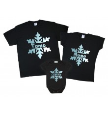 Сніжинки гліттер - новорічний комплект чорних футболок для всієї родини