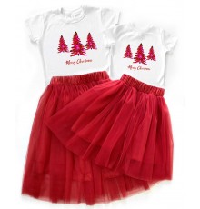 Merry Christmas з ялинками - новорічний комплект для мами та доньки футболка + спідниця фатинова балерина