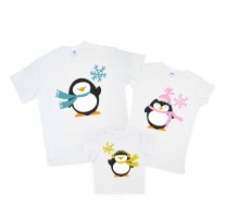 Комплект новорічних футболок для всієї родини з пінгвінами в шарфиках