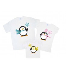 Комплект новогодних футболок для всей семьи с пингвинами в шарфиках