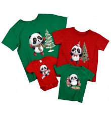 Панды - комплект новогодних футболок для всей семьи