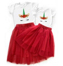 Єдиноріг - новорічний комплект для мами та доньки футболка + спідниця фатинова балерина