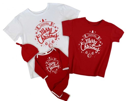 Merry Christmas - іменні новорічні футболки із комбінезоном-чоловічком фемілі лук купити в інтернет магазині