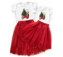 Мама з донькою біля ялинки - новорічний комплект для мами та доньки футболка + спідниця фатинова балерина