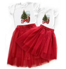 Мама с дочкой возле ёлки - новогодний комплект для мамы и дочки футболка + юбка фатиновая балерина