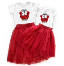 Пингвины - новогодний комплект для мамы и дочки футболка + юбка фатиновая балерина
