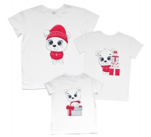 Мишки с подарками - комплект новогодних футболок для всей семьи