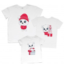 Мишки с подарками - комплект новогодних футболок для всей семьи