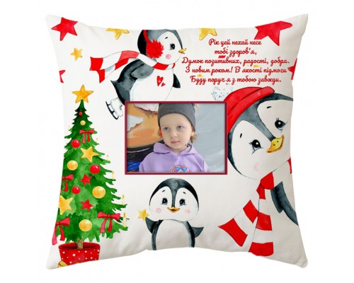 Пінгвіни - новорічна подушка декоративна з фото купити в інтернет магазині