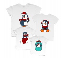 Пингвины с подарком - новогодний комплект семейных футболок