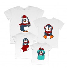 Пингвины с подарком - новогодний комплект семейных футболок