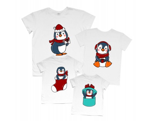 Пингвины с подарком - новогодний комплект семейных футболок купить в интернет магазине