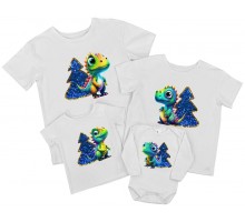 Динозаври з ялинками - комплект новорічних футболок для всієї сім'ї