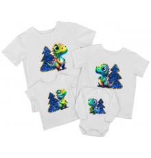 Динозавры с елками - комплект новогодних футболок для всей семьи