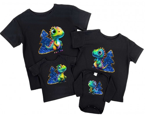 Динозаври з ялинками - комплект новорічних футболок для всієї сімї купити в інтернет магазині