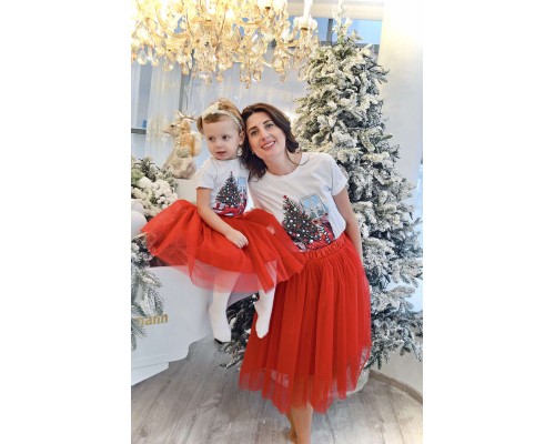 Сова з ялинкою - новорічний комплект для мами та доньки футболка + спідниця фатинова балерина купити в інтернет магазині