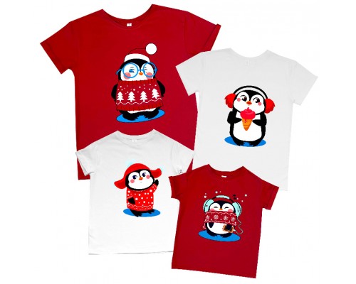 Пінгвінчики - комплект новорічних футболок family look купити в інтернет магазині