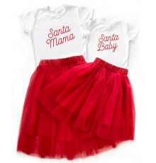 Santa Mama, Baby - новорічний комплект для мами та доньки футболка + спідниця фатинова балерина