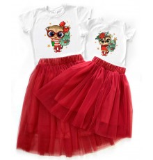 Сова з ялинкою - новорічний комплект для мами та доньки футболка + спідниця фатинова балерина