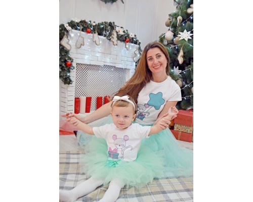 Merry Christmas с единорогами - новогодний комплект для мамы и дочки футболка +юбка фатиновая балерина купить в интернет магазине