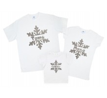 Снежинки глиттер - новогодний комплект белых футболок для всей семьи