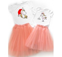 Merry Christmas з єдинорогами - новорічний комплект для мами та доньки футболка +спідниця фатинова балерина