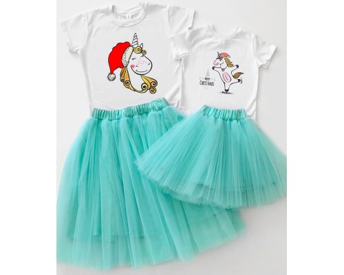 Merry Christmas з єдинорогами - новорічний комплект для мами та доньки футболка +спідниця фатинова балерина купити в інтернет магазині