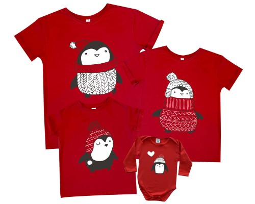Пінгвіни в шапочках - новорічні футболки для всієї родини купити в інтернет магазині