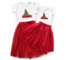 Машина з ялинкою - новорічний комплект для мами та доньки футболка + спідниця фатинова балерина