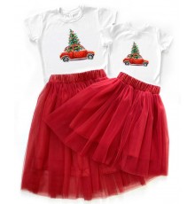 Машина з ялинкою - новорічний комплект для мами та доньки футболка + спідниця фатинова балерина