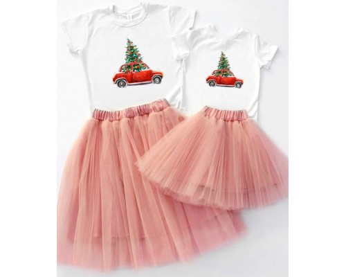 Машина с елочкой - новогодний комплект для мамы и дочки футболка + юбка фатиновая балерина купить в интернет магазине
