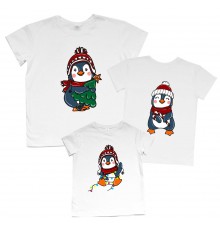 Пингвины с гирляндой - новогодний комплект семейных футболок